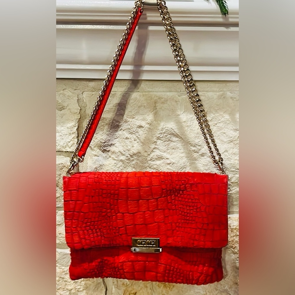 CAROLINA HERRERA red pony skin crocodile inspired details handbag gold hardware